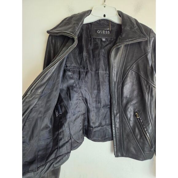 Guess Women Geniune 100% Leather Full Zip Lined Moto Pockets Jacket size Medium - Picture 8 of 10
